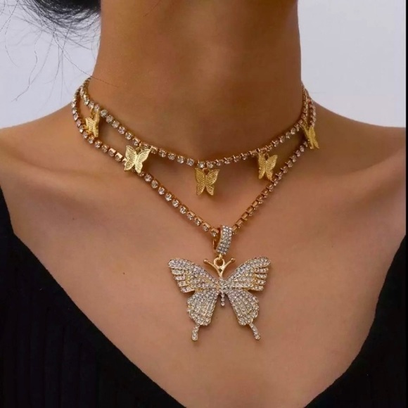 HP🦋STUNNING RHINESTONE BUTTERFLY GOLD CHOKER 2 PIECE SET - Picture 2 of 13